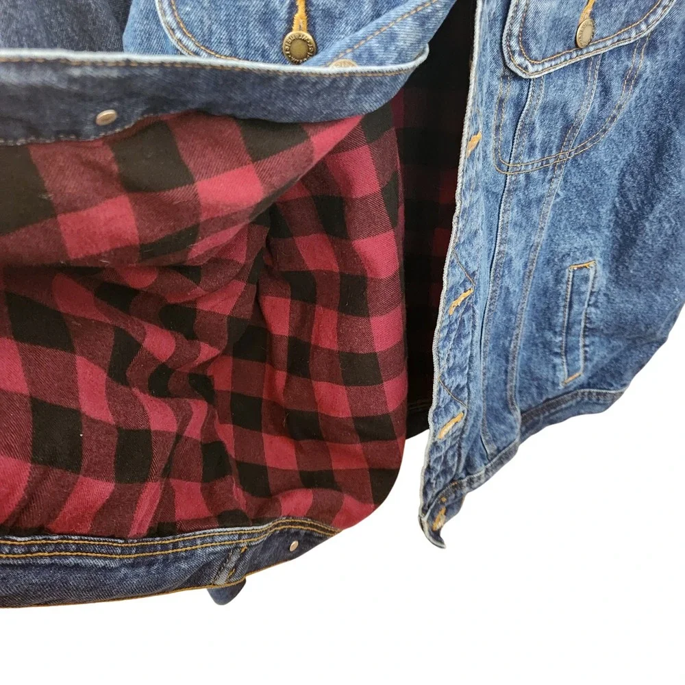 Wrangler Rugged Wear Mens XXL Blue Denim Jacket Buffalo Plaid Lined Trucker Coat